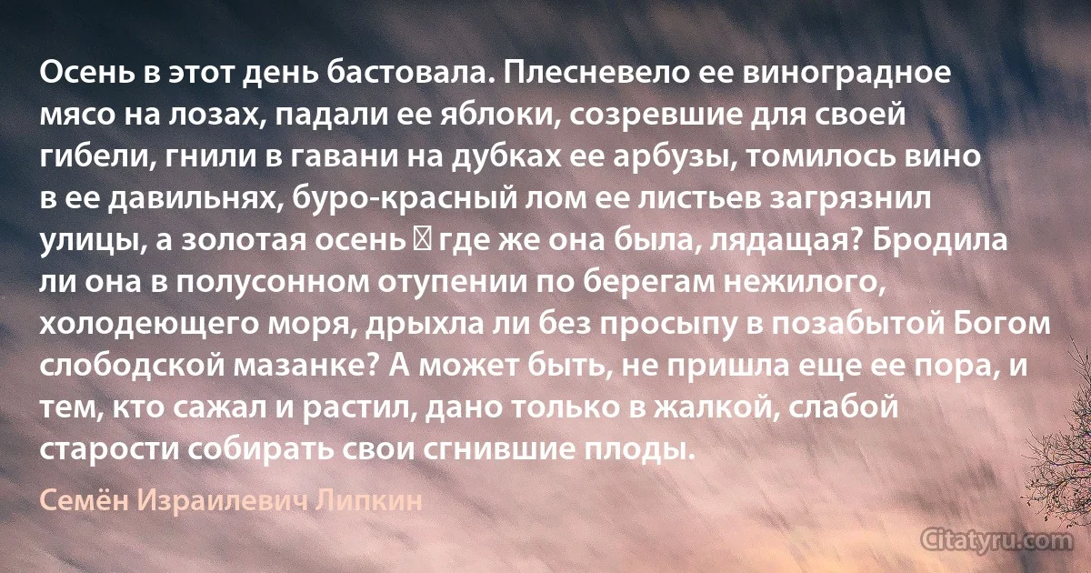 Осень в этот день бастовала. Плесневело ее виноградное мясо на лозах, падали ее яблоки, созревшие для своей гибели, гнили в гавани на дубках ее арбузы, томилось вино в ее давильнях, буро-красный лом ее листьев загрязнил улицы, а золотая осень ― где же она была, лядащая? Бродила ли она в полусонном отупении по берегам нежилого, холодеющего моря, дрыхла ли без просыпу в позабытой Богом слободской мазанке? А может быть, не пришла еще ее пора, и тем, кто сажал и растил, дано только в жалкой, слабой старости собирать свои сгнившие плоды. (Семён Израилевич Липкин)