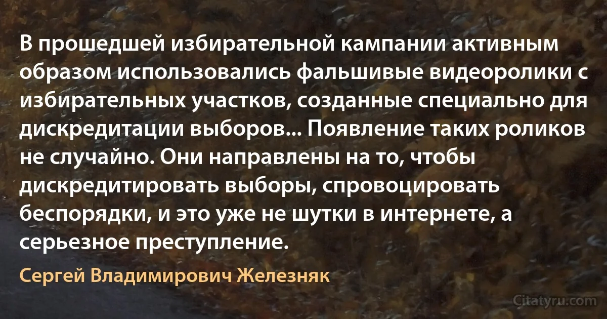 В прошедшей избирательной кампании активным образом использовались фальшивые видеоролики с избирательных участков, созданные специально для дискредитации выборов... Появление таких роликов не случайно. Они направлены на то, чтобы дискредитировать выборы, спровоцировать беспорядки, и это уже не шутки в интернете, а серьезное преступление. (Сергей Владимирович Железняк)