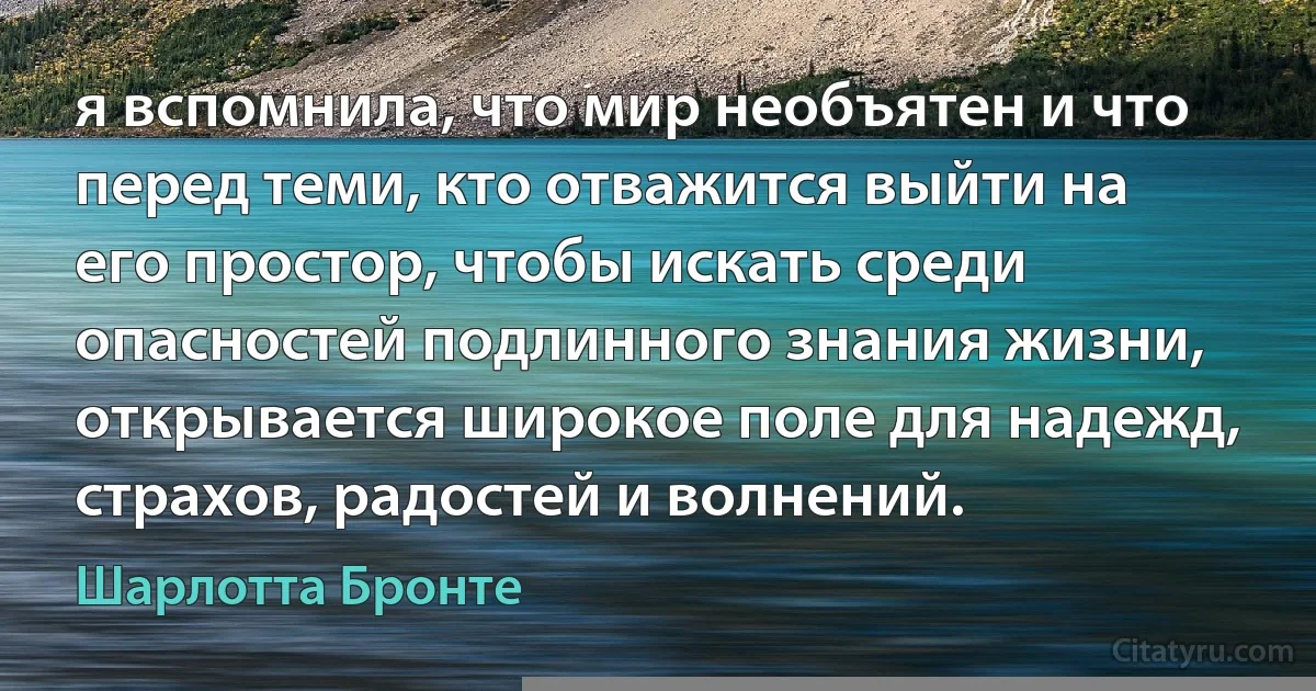 я вспомнила, что мир необъятен и что перед теми, кто отважится выйти на его простор, чтобы искать среди опасностей подлинного знания жизни, открывается широкое поле для надежд, страхов, радостей и волнений. (Шарлотта Бронте)