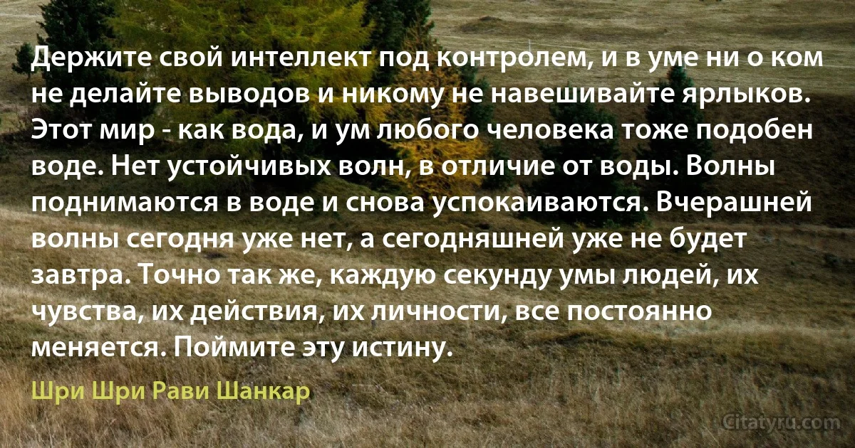 Держите свой интеллект под контролем, и в уме ни о ком не делайте выводов и никому не навешивайте ярлыков. Этот мир - как вода, и ум любого человека тоже подобен воде. Нет устойчивых волн, в отличие от воды. Волны поднимаются в воде и снова успокаиваются. Вчерашней волны сегодня уже нет, а сегодняшней уже не будет завтра. Точно так же, каждую секунду умы людей, их чувства, их действия, их личности, все постоянно меняется. Поймите эту истину. (Шри Шри Рави Шанкар)