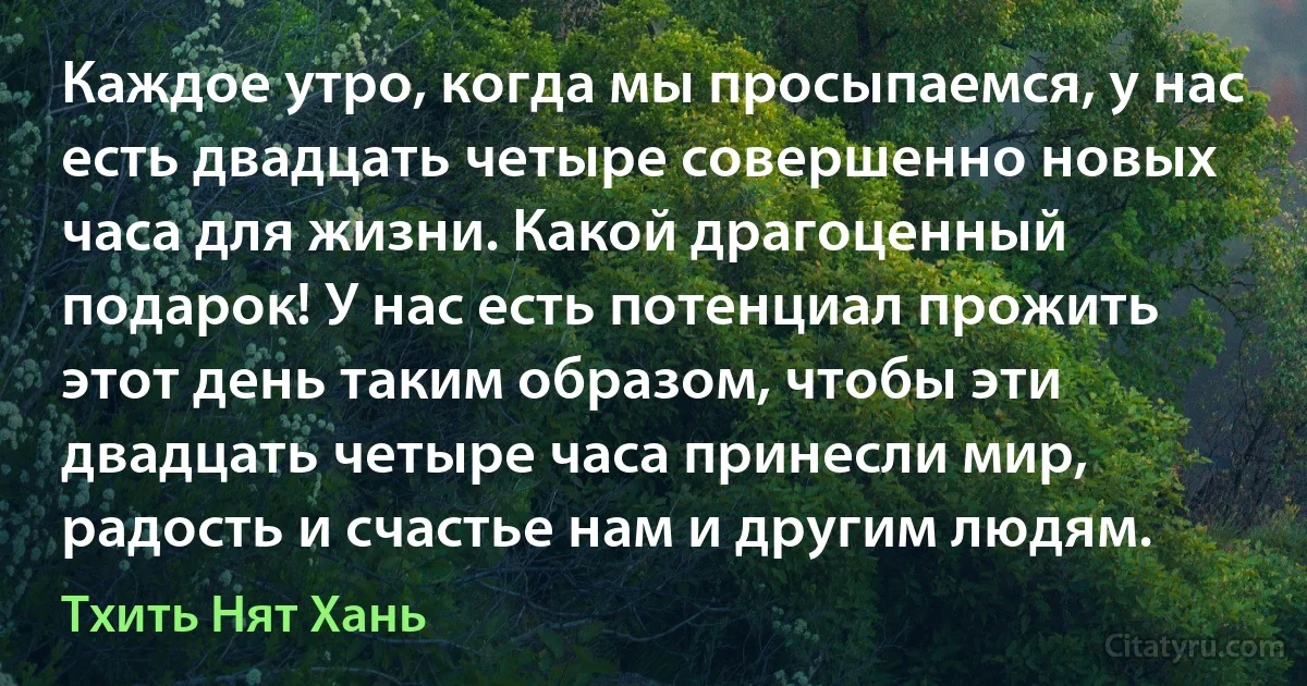 Каждое утро, когда мы просыпаемся, у нас есть двадцать четыре совершенно новых часа для жизни. Какой драгоценный подарок! У нас есть потенциал прожить этот день таким образом, чтобы эти двадцать четыре часа принесли мир, радость и счастье нам и другим людям. (Тхить Нят Хань)