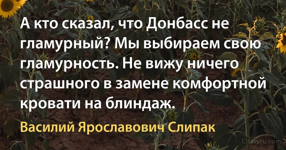 А кто сказал, что Донбасс не гламурный? Мы выбираем свою гламурность. Не вижу ничего страшного в замене комфортной кровати на блиндаж. (Василий Ярославович Слипак)