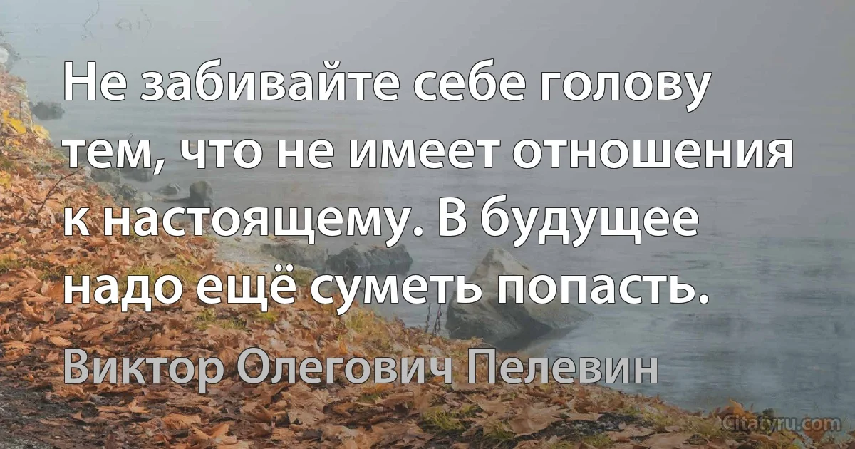 Не забивайте себе голову тем, что не имеет отношения к настоящему. В будущее надо ещё суметь попасть. (Виктор Олегович Пелевин)