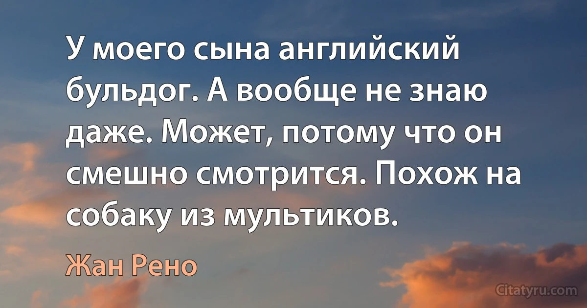 У моего сына английский бульдог. А вообще не знаю даже. Может, потому что он смешно смотрится. Похож на собаку из мультиков. (Жан Рено)