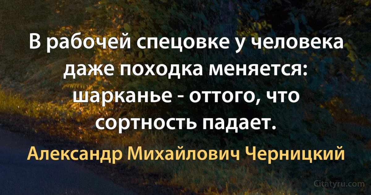 В рабочей спецовке у человека даже походка меняется: шарканье - оттого, что сортность падает. (Александр Михайлович Черницкий)