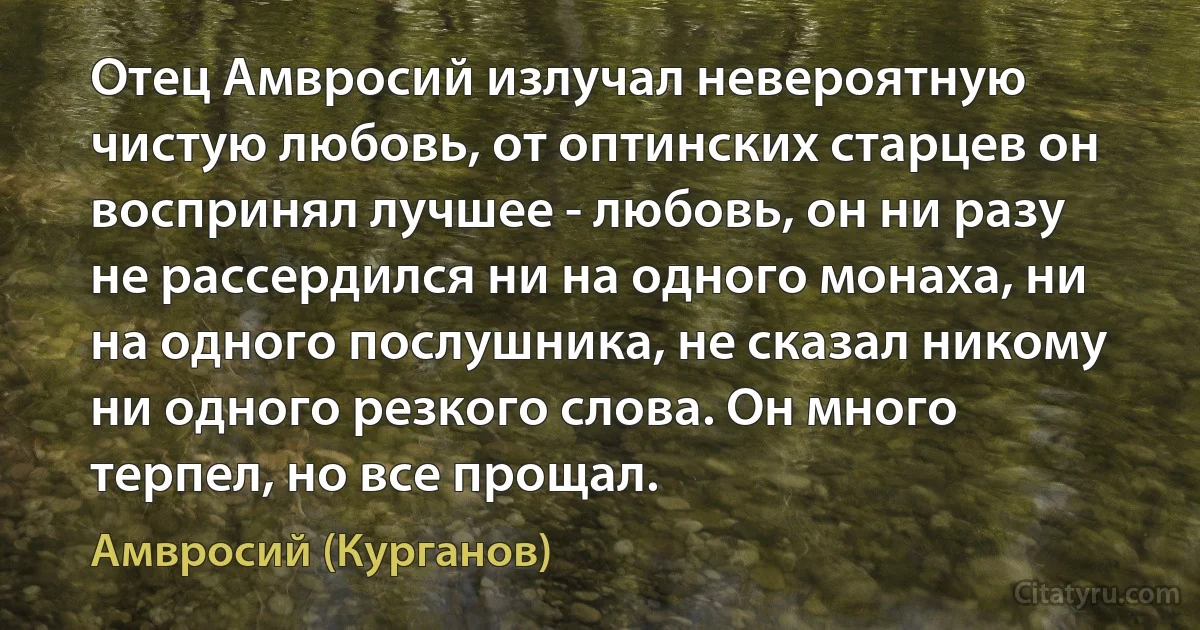 Отец Амвросий излучал невероятную чистую любовь, от оптинских старцев он воспринял лучшее - любовь, он ни разу не рассердился ни на одного монаха, ни на одного послушника, не сказал никому ни одного резкого слова. Он много терпел, но все прощал. (Амвросий (Курганов))