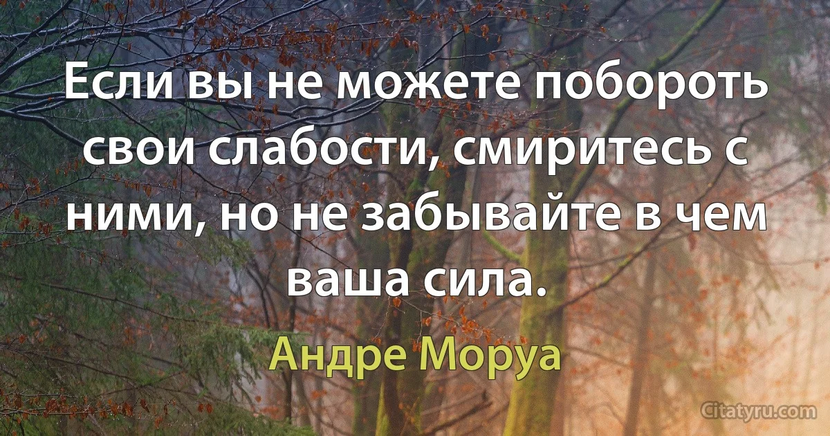 Если вы не можете побороть свои слабости, смиритесь с ними, но не забывайте в чем ваша сила. (Андре Моруа)