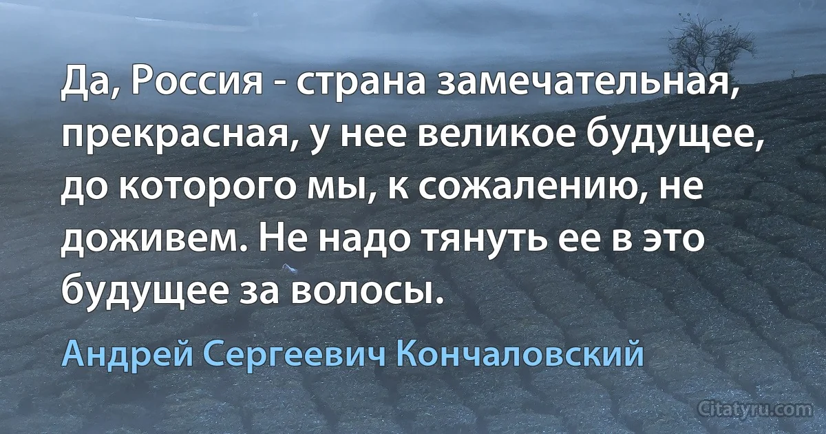 Да, Россия - страна замечательная, прекрасная, у нее великое будущее, до которого мы, к сожалению, не доживем. Не надо тянуть ее в это будущее за волосы. (Андрей Сергеевич Кончаловский)