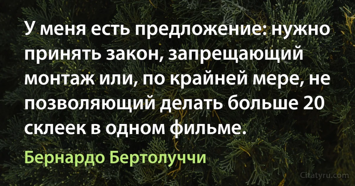 У меня есть предложение: нужно принять закон, запрещающий монтаж или, по крайней мере, не позволяющий делать больше 20 склеек в одном фильме. (Бернардо Бертолуччи)