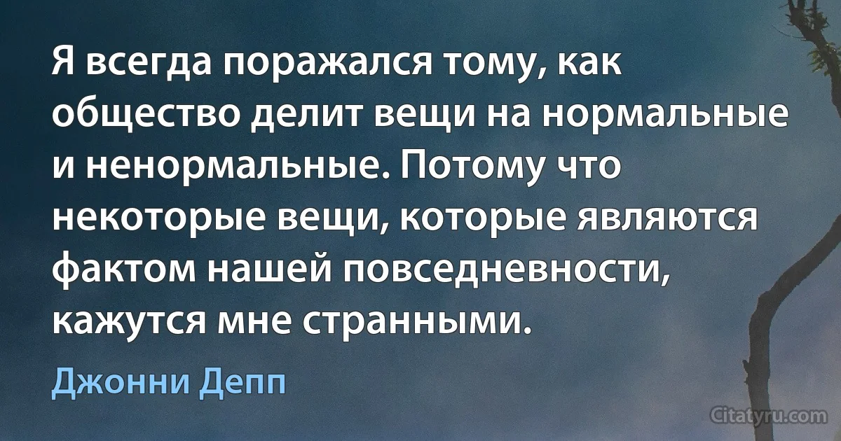 Я всегда поражался тому, как общество делит вещи на нормальные и ненормальные. Потому что некоторые вещи, которые являются фактом нашей повседневности, кажутся мне странными. (Джонни Депп)