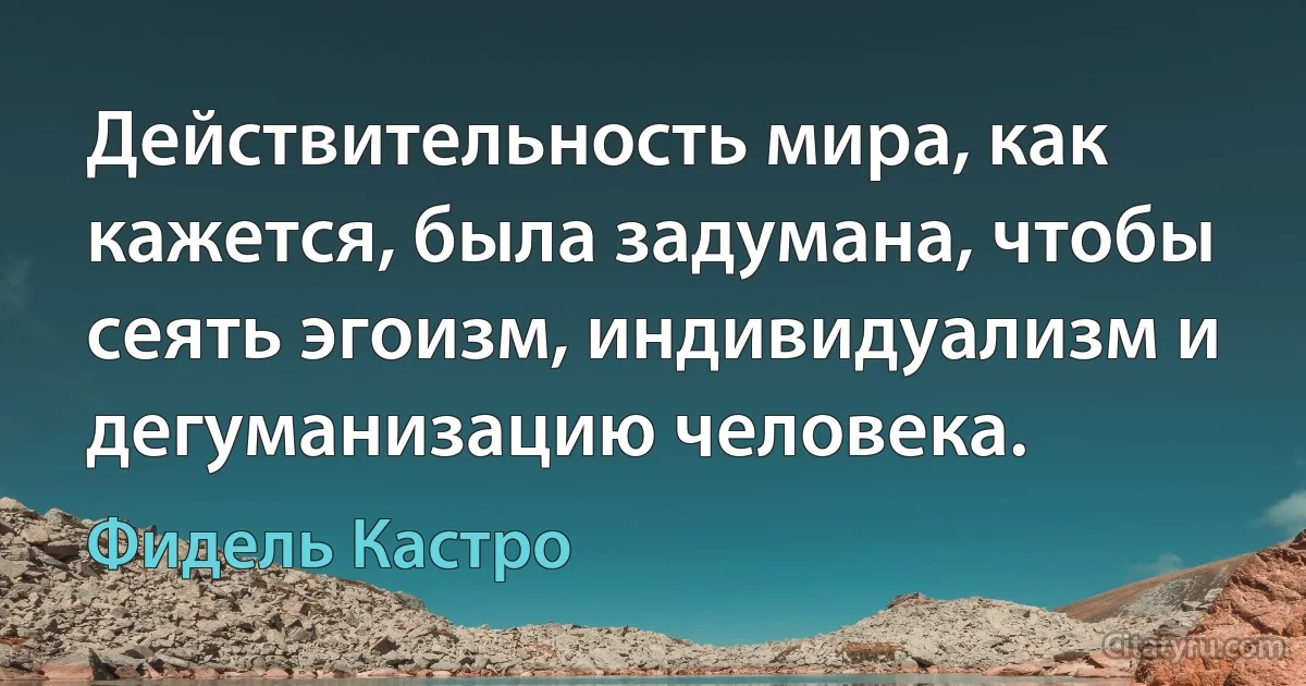 Действительность мира, как кажется, была задумана, чтобы сеять эгоизм, индивидуализм и дегуманизацию человека. (Фидель Кастро)