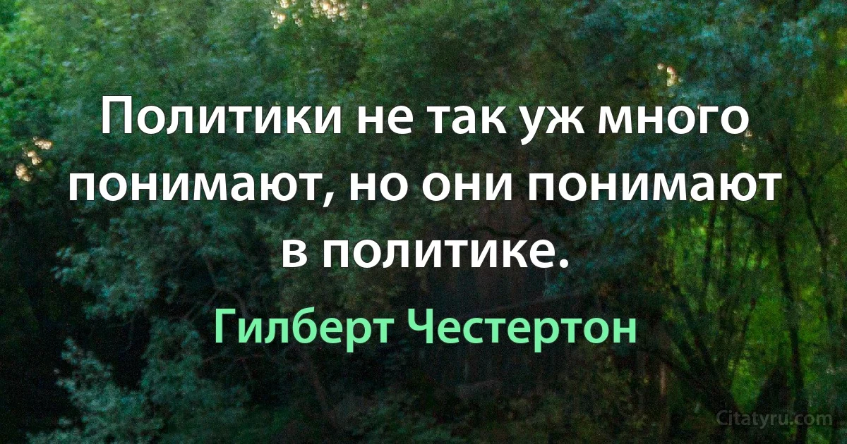 Политики не так уж много понимают, но они понимают в политике. (Гилберт Честертон)