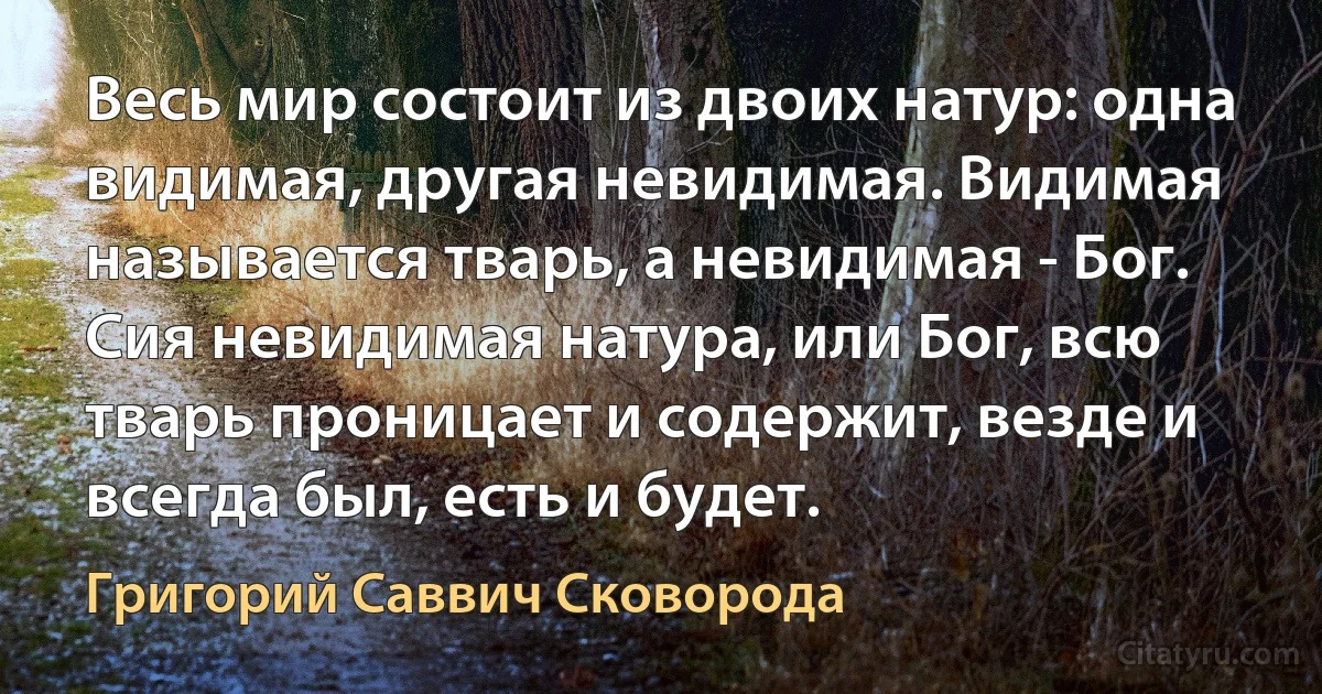 Весь мир состоит из двоих натур: одна видимая, другая невидимая. Видимая называется тварь, а невидимая - Бог. Сия невидимая натура, или Бог, всю тварь проницает и содержит, везде и всегда был, есть и будет. (Григорий Саввич Сковорода)