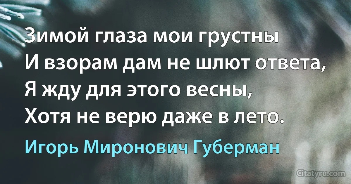 Зимой глаза мои грустны
И взорам дам не шлют ответа,
Я жду для этого весны,
Хотя не верю даже в лето. (Игорь Миронович Губерман)