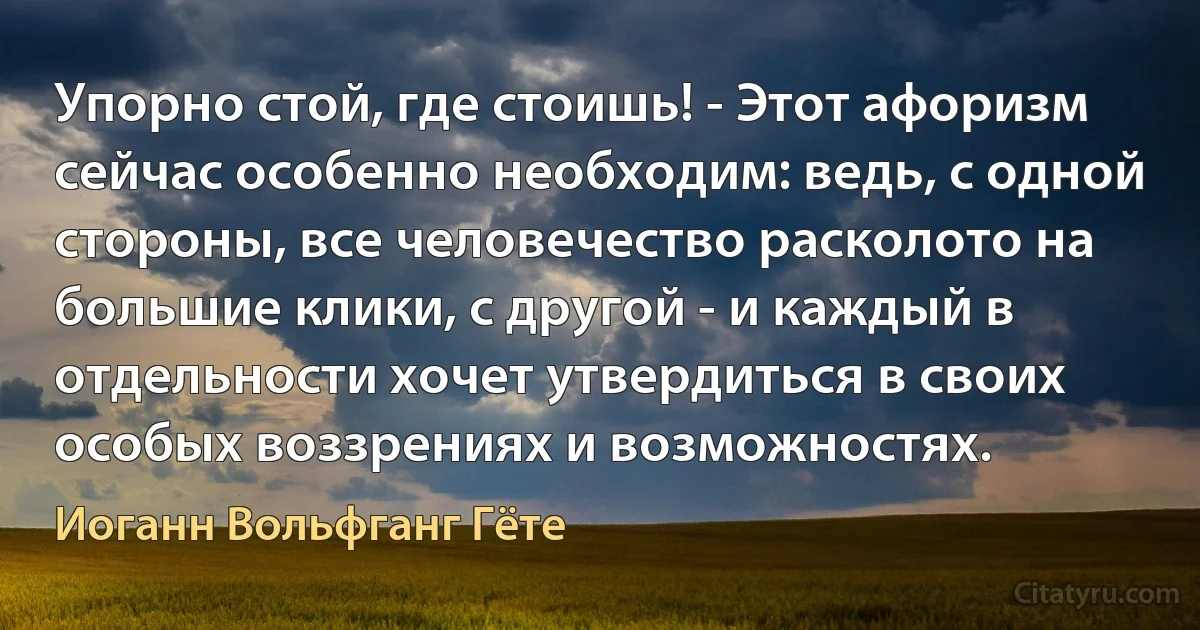 Упорно стой, где стоишь! - Этот афоризм сейчас особенно необходим: ведь, с одной стороны, все человечество расколото на большие клики, с другой - и каждый в отдельности хочет утвердиться в своих особых воззрениях и возможностях. (Иоганн Вольфганг Гёте)