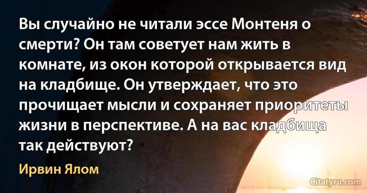 Вы случайно не читали эссе Монтеня о смерти? Он там советует нам жить в комнате, из окон которой открывается вид на кладбище. Он утверждает, что это прочищает мысли и сохраняет приоритеты жизни в перспективе. А на вас кладбища так действуют? (Ирвин Ялом)