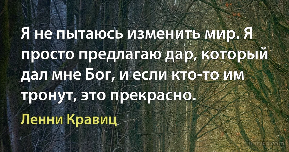 Я не пытаюсь изменить мир. Я просто предлагаю дар, который дал мне Бог, и если кто-то им тронут, это прекрасно. (Ленни Кравиц)