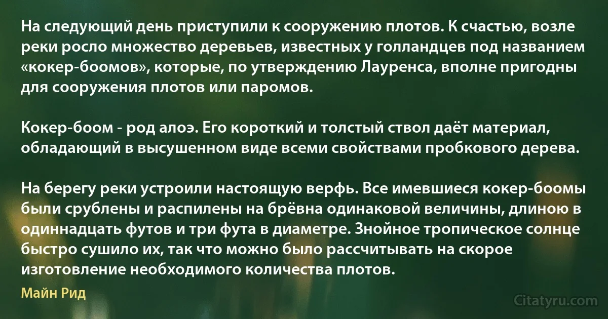 На следующий день приступили к сооружению плотов. К счастью, возле реки росло множество деревьев, известных у голландцев под названием «кокер-боомов», которые, по утверждению Лауренса, вполне пригодны для сооружения плотов или паромов.

Кокер-боом - род алоэ. Его короткий и толстый ствол даёт материал, обладающий в высушенном виде всеми свойствами пробкового дерева.

На берегу реки устроили настоящую верфь. Все имевшиеся кокер-боомы были срублены и распилены на брёвна одинаковой величины, длиною в одиннадцать футов и три фута в диаметре. Знойное тропическое солнце быстро сушило их, так что можно было рассчитывать на скорое изготовление необходимого количества плотов. (Майн Рид)