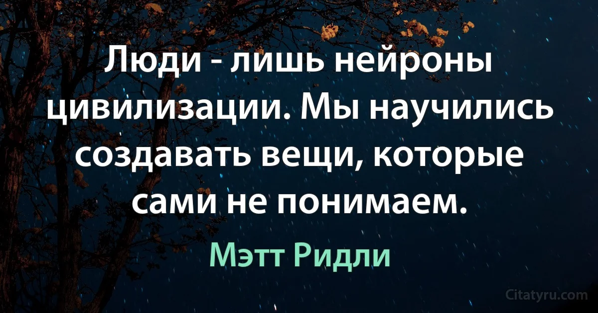 Люди - лишь нейроны цивилизации. Мы научились создавать вещи, которые сами не понимаем. (Мэтт Ридли)