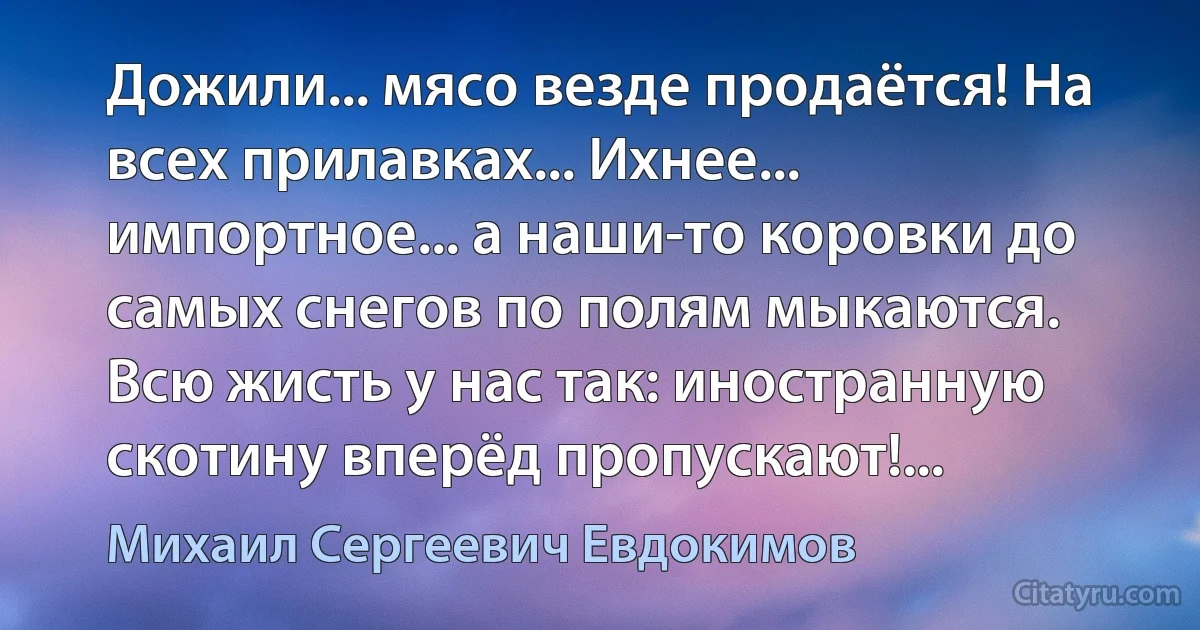 Дожили... мясо везде продаётся! На всех прилавках... Ихнее... импортное... а наши-то коровки до самых снегов по полям мыкаются. Всю жисть у нас так: иностранную скотину вперёд пропускают!... (Михаил Сергеевич Евдокимов)