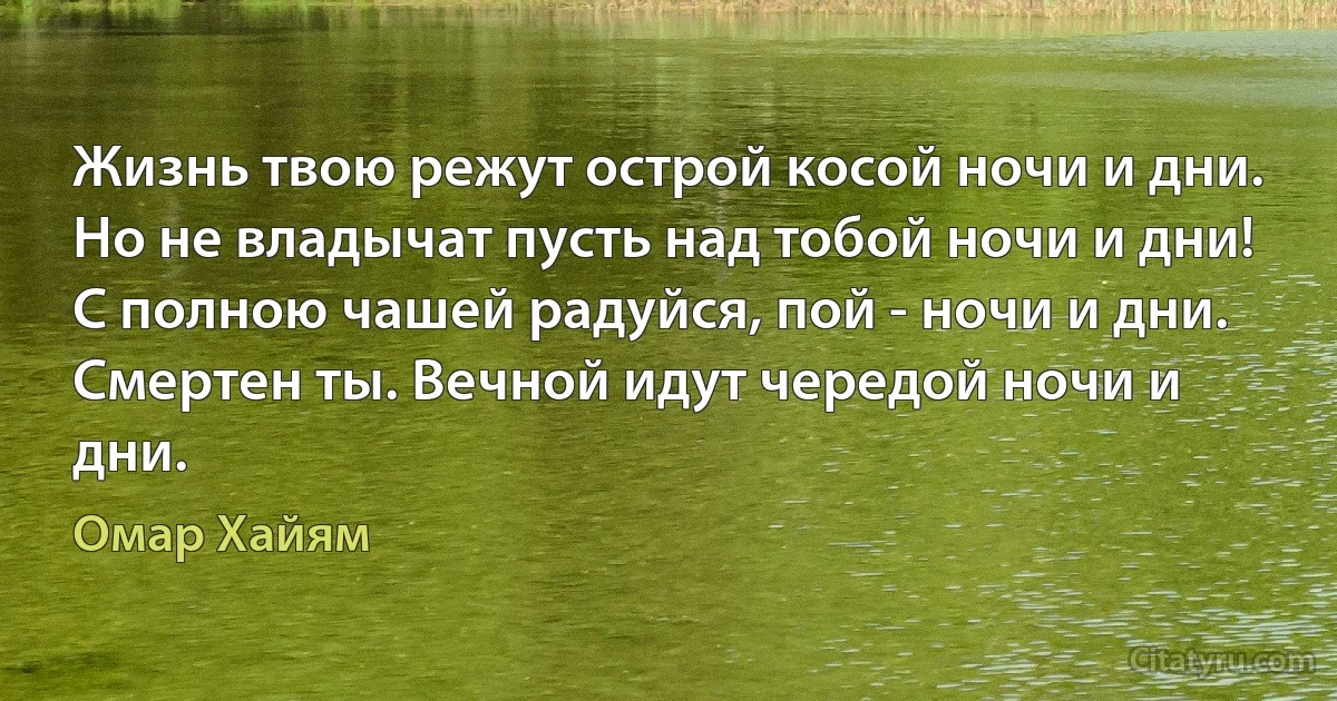 Жизнь твою режут острой косой ночи и дни.
Но не владычат пусть над тобой ночи и дни!
С полною чашей радуйся, пой - ночи и дни.
Смертен ты. Вечной идут чередой ночи и дни. (Омар Хайям)