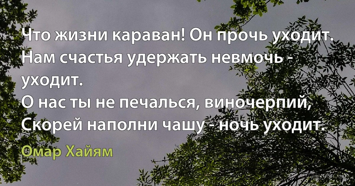 Что жизни караван! Он прочь уходит.
Нам счастья удержать невмочь - уходит.
О нас ты не печалься, виночерпий,
Скорей наполни чашу - ночь уходит. (Омар Хайям)