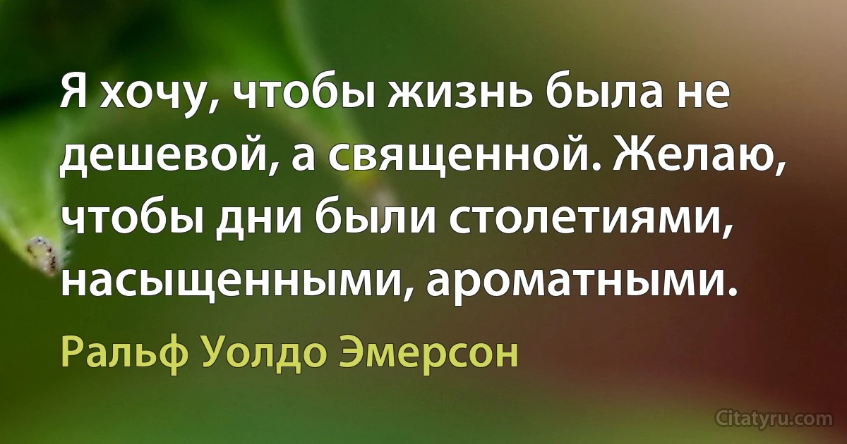 Я хочу, чтобы жизнь была не дешевой, а священной. Желаю, чтобы дни были столетиями, насыщенными, ароматными. (Ральф Уолдо Эмерсон)