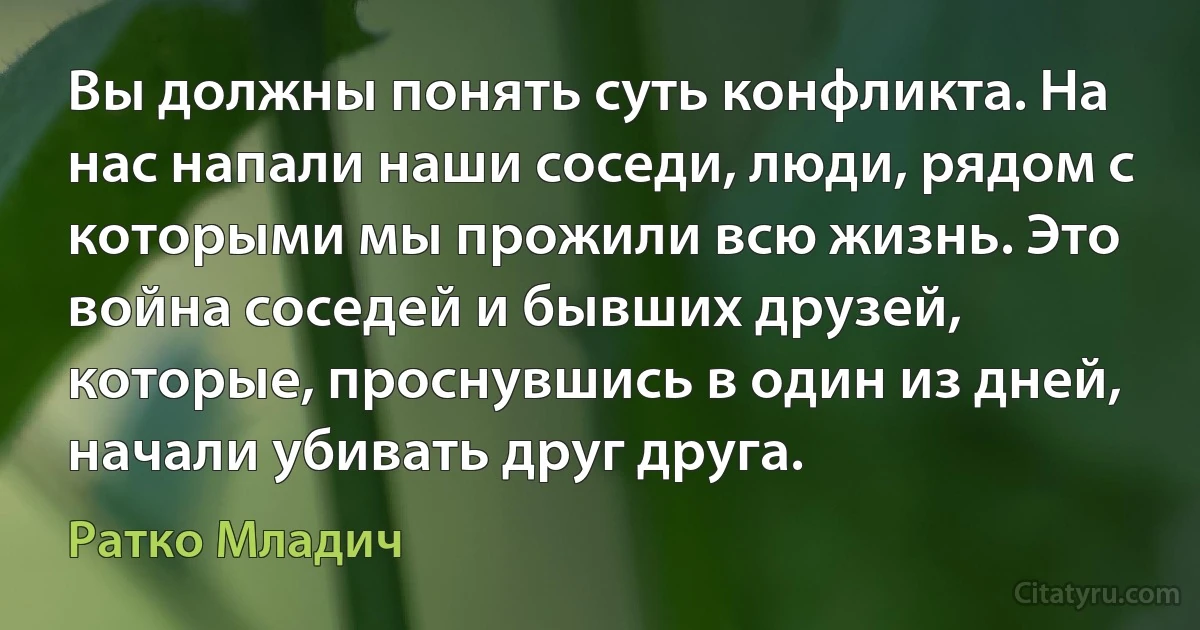 Вы должны понять суть конфликта. На нас напали наши соседи, люди, рядом с которыми мы прожили всю жизнь. Это война соседей и бывших друзей, которые, проснувшись в один из дней, начали убивать друг друга. (Ратко Младич)