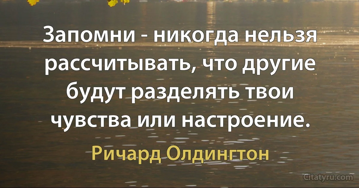 Запомни - никогда нельзя рассчитывать, что другие будут разделять твои чувства или настроение. (Ричард Олдингтон)