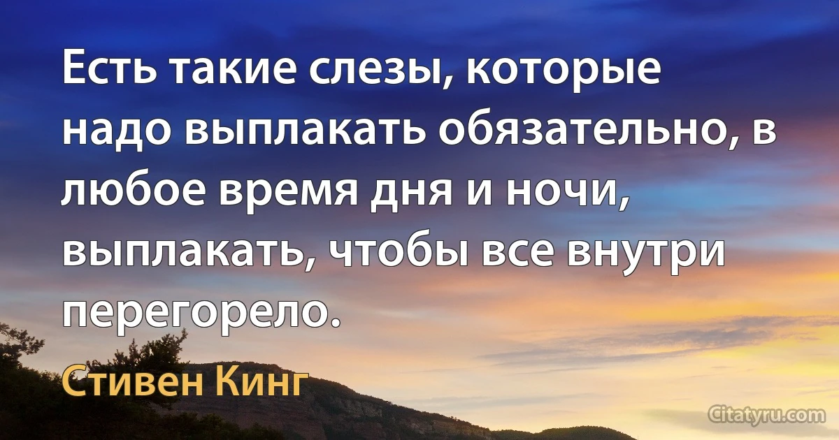 Есть такие слезы, которые надо выплакать обязательно, в любое время дня и ночи, выплакать, чтобы все внутри перегорело. (Стивен Кинг)