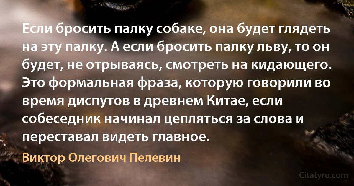 Если бросить палку собаке, она будет глядеть на эту палку. А если бросить палку льву, то он будет, не отрываясь, смотреть на кидающего. Это формальная фраза, которую говорили во время диспутов в древнем Китае, если собеседник начинал цепляться за слова и переставал видеть главное. (Виктор Олегович Пелевин)