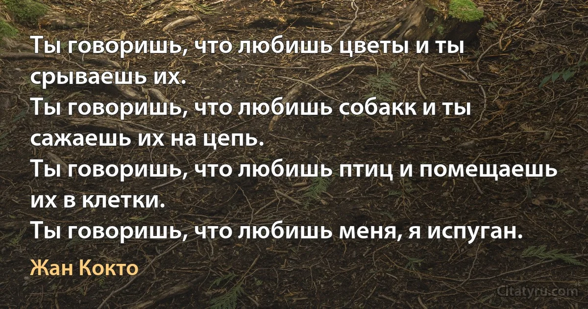 Ты говоришь, что любишь цветы и ты срываешь их.
Ты говоришь, что любишь собакк и ты сажаешь их на цепь.
Ты говоришь, что любишь птиц и помещаешь их в клетки.
Ты говоришь, что любишь меня, я испуган. (Жан Кокто)