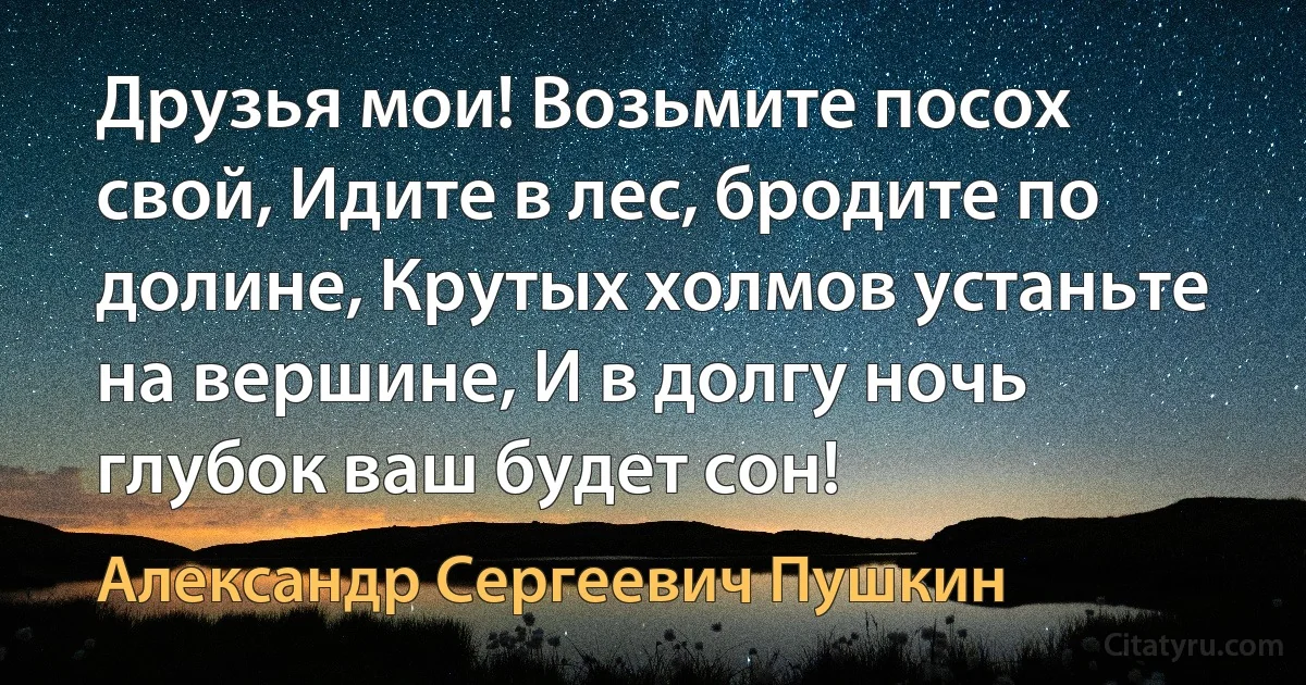 Друзья мои! Возьмите посох свой, Идите в лес, бродите по долине, Крутых холмов устаньте на вершине, И в долгу ночь глубок ваш будет сон! (Александр Сергеевич Пушкин)