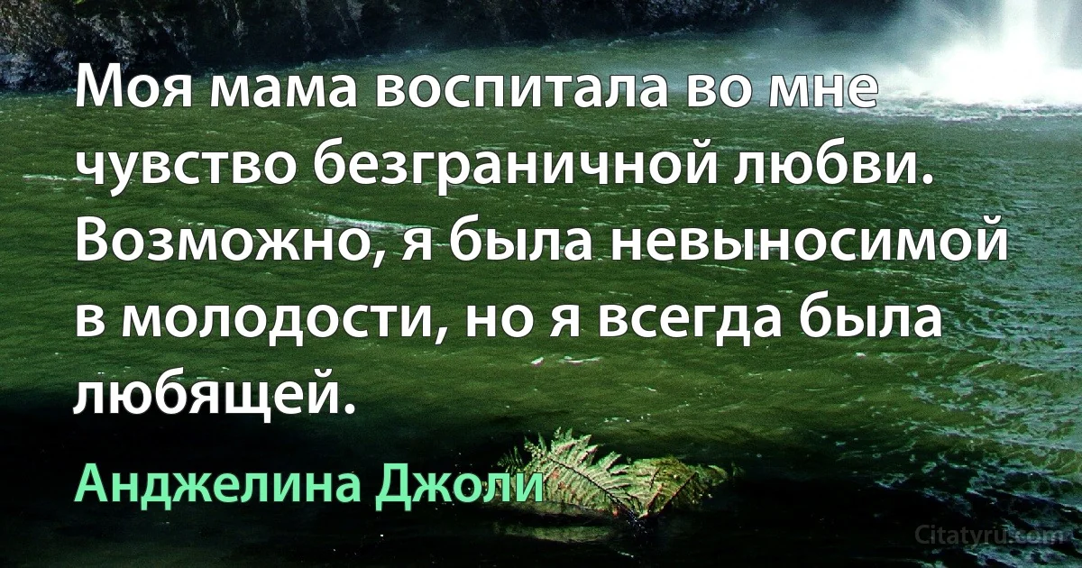 Моя мама воспитала во мне чувство безграничной любви. Возможно, я была невыносимой в молодости, но я всегда была любящей. (Анджелина Джоли)