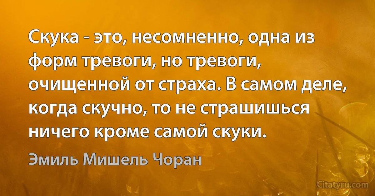 Скука - это, несомненно, одна из форм тревоги, но тревоги, очищенной от страха. В самом деле, когда скучно, то не страшишься ничего кроме самой скуки. (Эмиль Мишель Чоран)