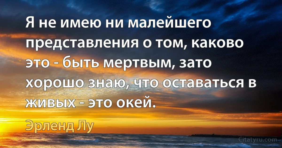 Я не имею ни малейшего представления о том, каково это - быть мертвым, зато хорошо знаю, что оставаться в живых - это окей. (Эрленд Лу)