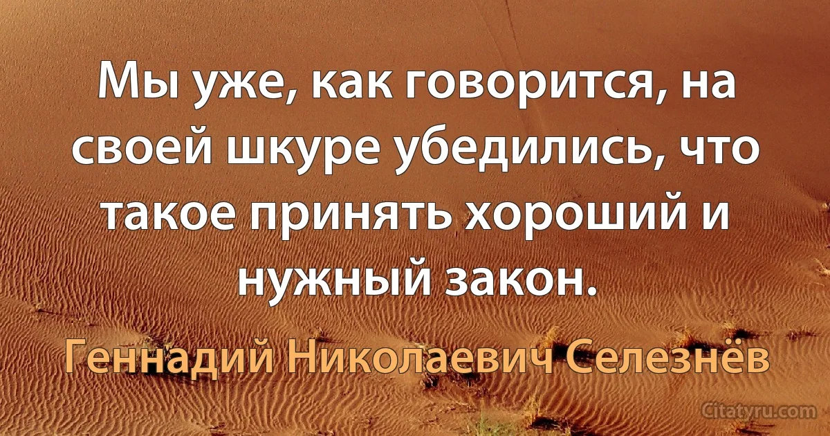 Мы уже, как говорится, на своей шкуре убедились, что такое принять хороший и нужный закон. (Геннадий Николаевич Селезнёв)