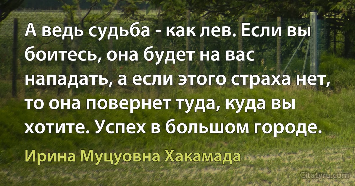 А ведь судьба - как лев. Если вы боитесь, она будет на вас нападать, а если этого страха нет, то она повернет туда, куда вы хотите. Успех в большом городе. (Ирина Муцуовна Хакамада)