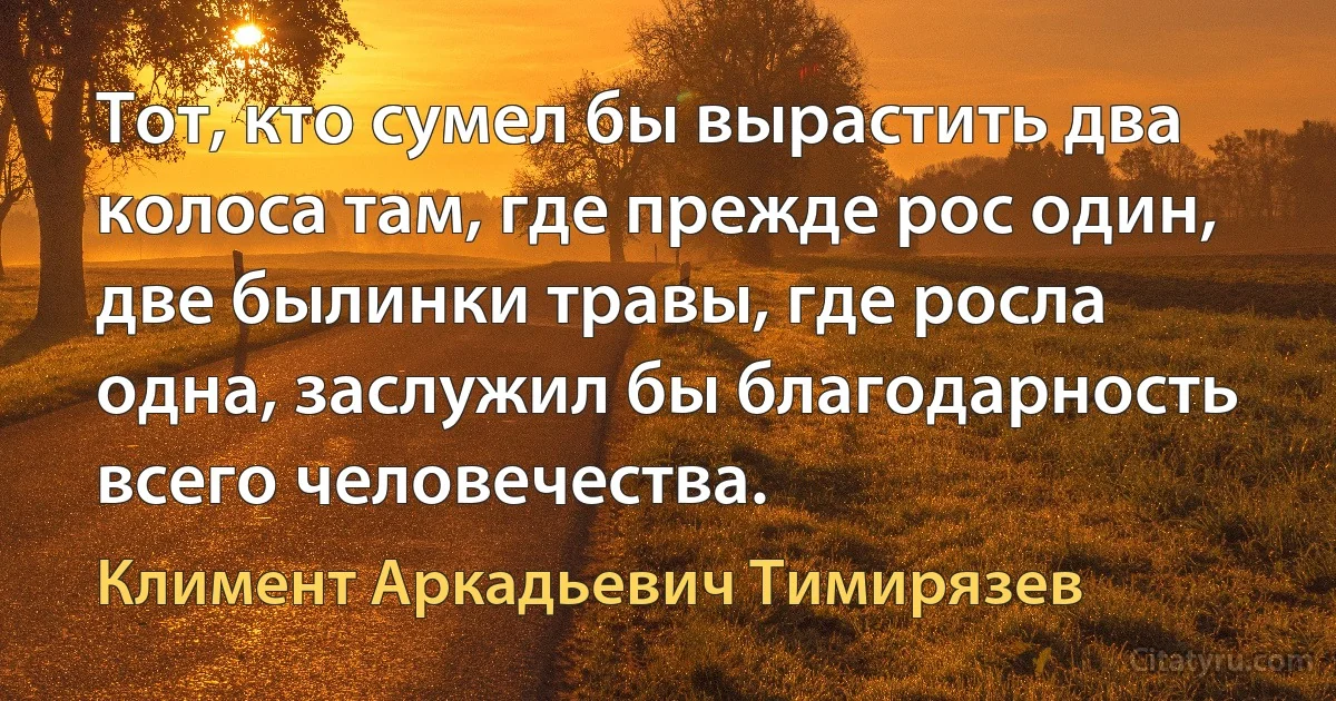 Тот, кто сумел бы вырастить два колоса там, где прежде рос один, две былинки травы, где росла одна, заслужил бы благодарность всего человечества. (Климент Аркадьевич Тимирязев)