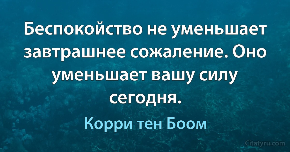 Беспокойство не уменьшает завтрашнее сожаление. Оно уменьшает вашу силу сегодня. (Корри тен Боом)