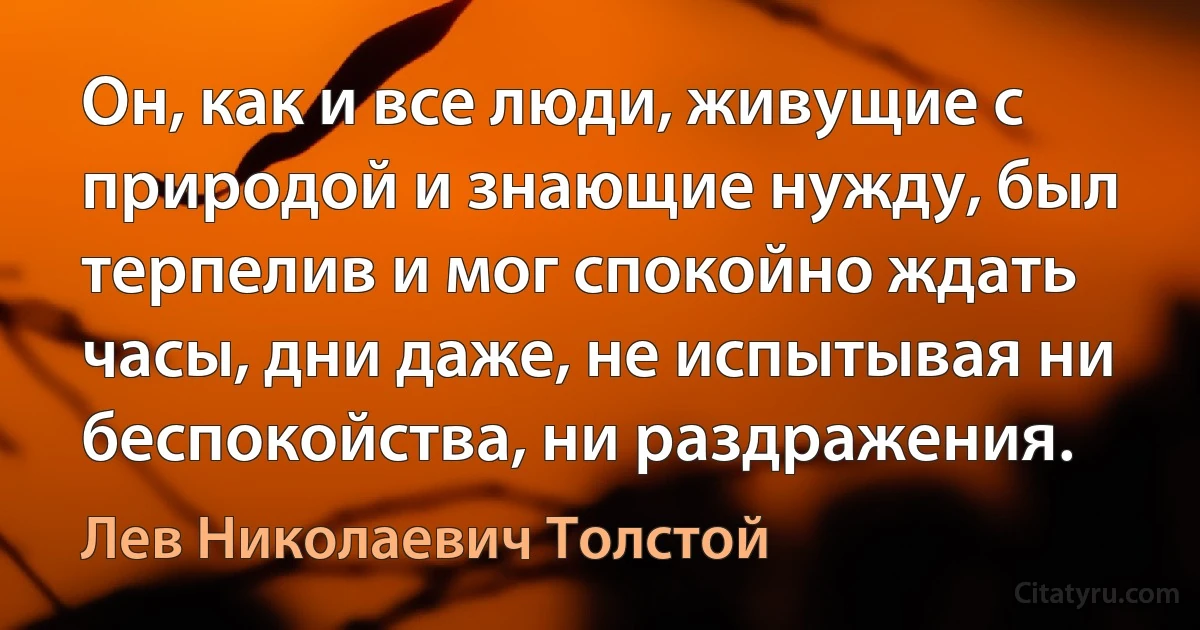 Он, как и все люди, живущие с природой и знающие нужду, был терпелив и мог спокойно ждать часы, дни даже, не испытывая ни беспокойства, ни раздражения. (Лев Николаевич Толстой)