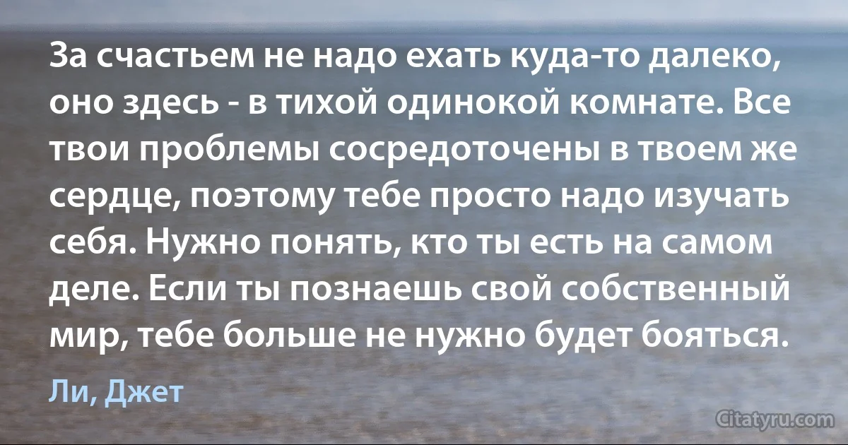 За счастьем не надо ехать куда-то далеко, оно здесь - в тихой одинокой комнате. Все твои проблемы сосредоточены в твоем же сердце, поэтому тебе просто надо изучать себя. Нужно понять, кто ты есть на самом деле. Если ты познаешь свой собственный мир, тебе больше не нужно будет бояться. (Ли, Джет)