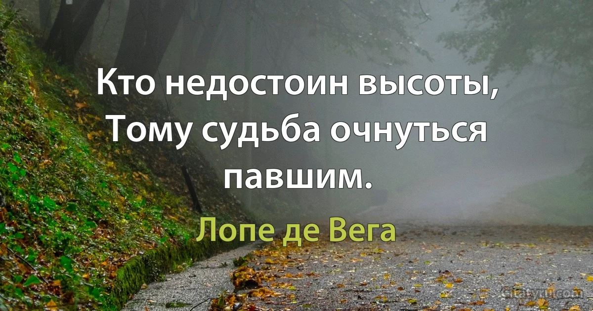 Кто недостоин высоты,
Тому судьба очнуться павшим. (Лопе де Вега)