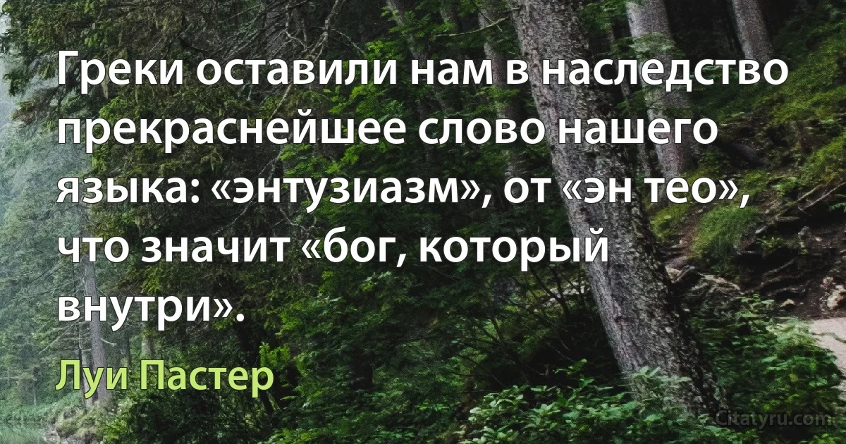 Греки оставили нам в наследство прекраснейшее слово нашего языка: «энтузиазм», от «эн тео», что значит «бог, который внутри». (Луи Пастер)