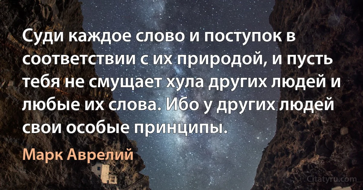 Суди каждое слово и поступок в соответствии с их природой, и пусть тебя не смущает хула других людей и любые их слова. Ибо у других людей свои особые принципы. (Марк Аврелий)