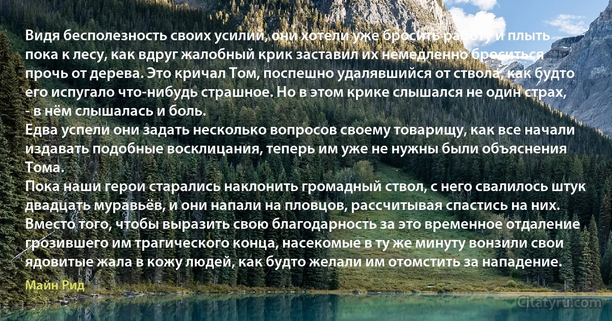 Видя бесполезность своих усилий, они хотели уже бросить работу и плыть пока к лесу, как вдруг жалобный крик заставил их немедленно броситься прочь от дерева. Это кричал Том, поспешно удалявшийся от ствола, как будто его испугало что-нибудь страшное. Но в этом крике слышался не один страх, - в нём слышалась и боль.
Едва успели они задать несколько вопросов своему товарищу, как все начали издавать подобные восклицания, теперь им уже не нужны были объяснения Тома.
Пока наши герои старались наклонить громадный ствол, с него свалилось штук двадцать муравьёв, и они напали на пловцов, рассчитывая спастись на них.
Вместо того, чтобы выразить свою благодарность за это временное отдаление грозившего им трагического конца, насекомые в ту же минуту вонзили свои ядовитые жала в кожу людей, как будто желали им отомстить за нападение. (Майн Рид)