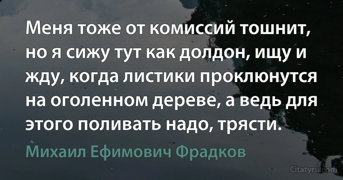 Меня тоже от комиссий тошнит, но я сижу тут как долдон, ищу и жду, когда листики проклюнутся на оголенном дереве, а ведь для этого поливать надо, трясти. (Михаил Ефимович Фрадков)