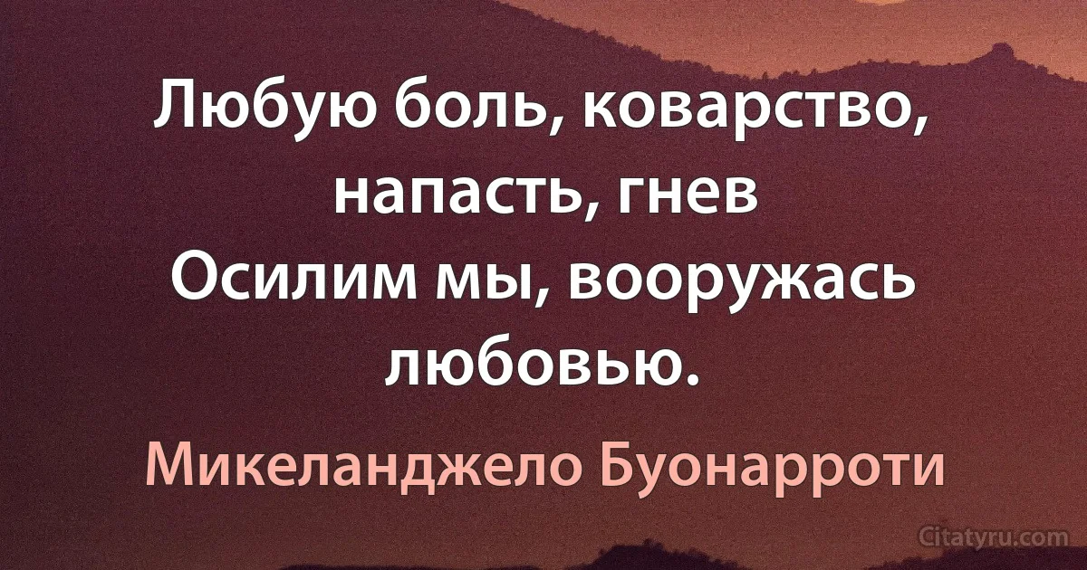 Любую боль, коварство, напасть, гнев
Осилим мы, вооружась любовью. (Микеланджело Буонарроти)