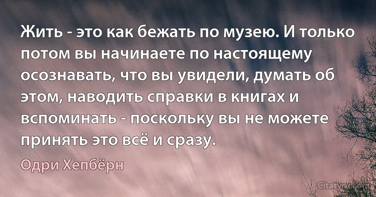 Жить - это как бежать по музею. И только потом вы начинаете по настоящему осознавать, что вы увидели, думать об этом, наводить справки в книгах и вспоминать - поскольку вы не можете принять это всё и сразу. (Одри Хепбёрн)