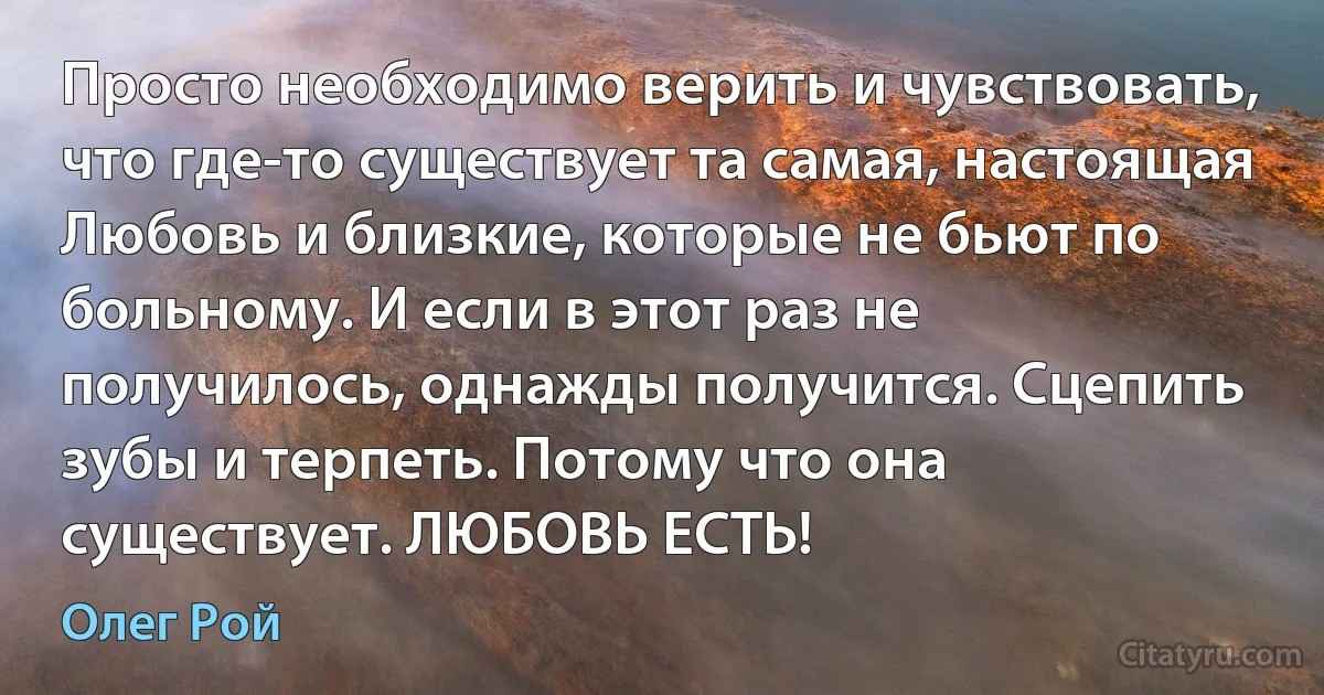 Просто необходимо верить и чувствовать, что где-то существует та самая, настоящая Любовь и близкие, которые не бьют по больному. И если в этот раз не получилось, однажды получится. Сцепить зубы и терпеть. Потому что она существует. ЛЮБОВЬ ЕСТЬ! (Олег Рой)